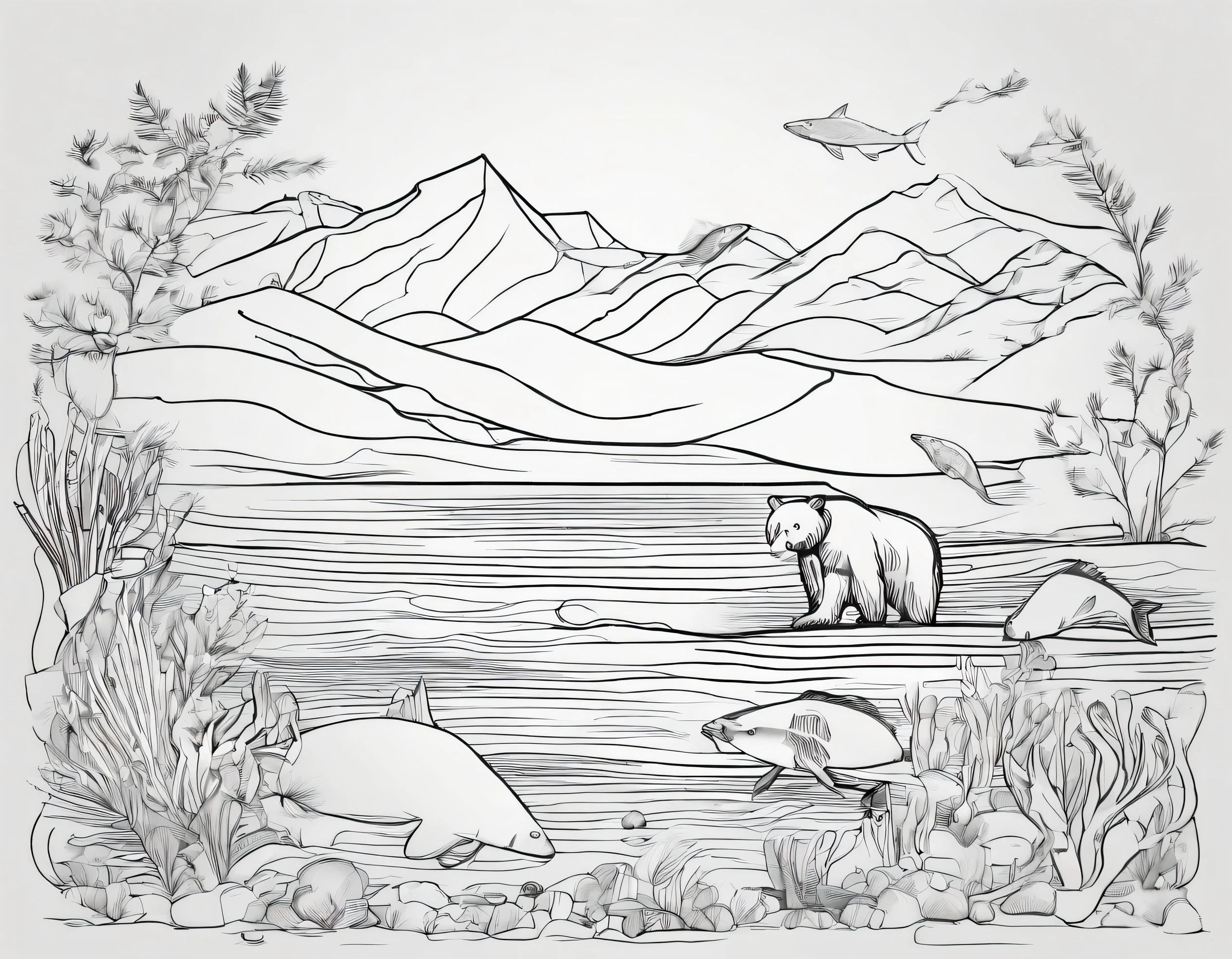Alaska sealife ocean beaches fish bears line art