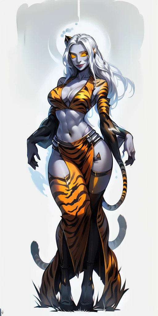full body looking to viewer standing straight symmetrical against contrapposto yellow tiger print bikini stockings sleeves print, hands on waist hips, navel, (white eyes:1.5) white silver long hair, eyelashes, smile, drow female