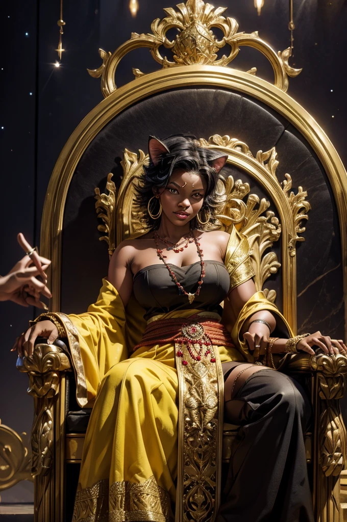 highres,absurdres ,best quality,original,extremely detailed CG,extremely detailed wallpaper,perfect lighting,looking at viewer,bare hands,1girl, SiennaKhan,short hair,black hair,animal ears,yellow eyes,cat ears,dark skin,dark-skinned female,gloves,jewelry,earrings,cape,facial mark,cleavage cutout,hoop earrings, indoors, throneroom, sitting on ornate throne, (large high-back throne) night, stars,  audience, crowd, looking at viewer,