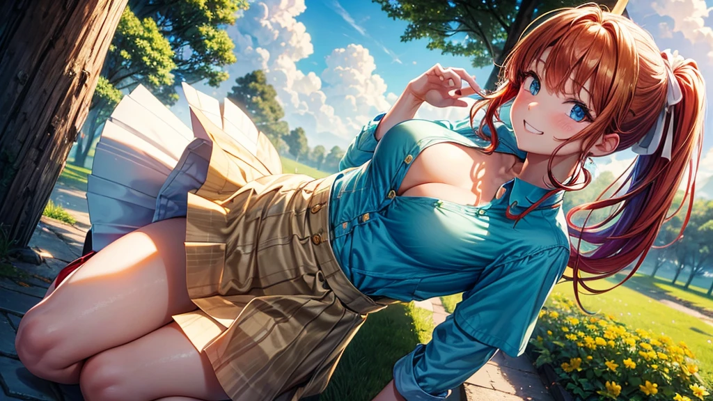 1girl, full body, summer, village, trees, sun, clouds, ((colorful hair)), ponytail, large breasts, button down, blue eyes, ((red, white and green shirt)), ((unbuttoned shirt)), unbuttoning buttons, ((short sleeved shirt)), black mini skirt, brown shoes, grin, looking at the viewer, standing, red, white and green hair ribbon, cleavage, ((golden necklate))