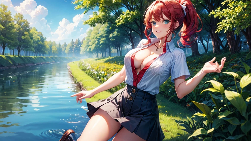 1girl, full body, summer, village, trees, sun, clouds, ((colorful hair)), ponytail, large breasts, button down, blue eyes, ((red, white and green shirt)), ((unbuttoned shirt)), unbuttoning buttons, ((short sleeved shirt)), black mini skirt, brown shoes, grin, looking at the viewer, standing, red, white and green hair ribbon, cleavage, ((golden necklate))