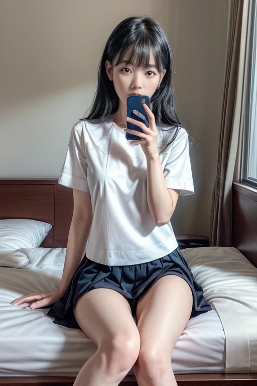 (Unity 8K Wall Pace),(highest quality),(High resolution),(Super detailed),(Perfect Anatomy),(Beautiful fine details),One girl,(Dimly lit motel room),((Sit on the bed:1.3)),Bedside tables,((Bedside tablesに1ドル札が3枚ある.:1.3)),　　　　　　　　　　break Bought Girl,Incredible beautiful girl,15 years,Black Hair,,Sailor suit,Navy Skirt,White socks, body,(holds a smart phone in one hand:1.3),(Sit with your legs apart),(White panties),A tense look,Looking down,Those eyes are watching me,Photograph the whole body,　　　　　　break (There are three coins and a camera on the table..),