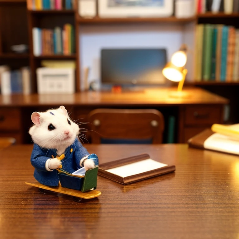 Dwarf Campbell Hamster Miniature Studying at a Desk。