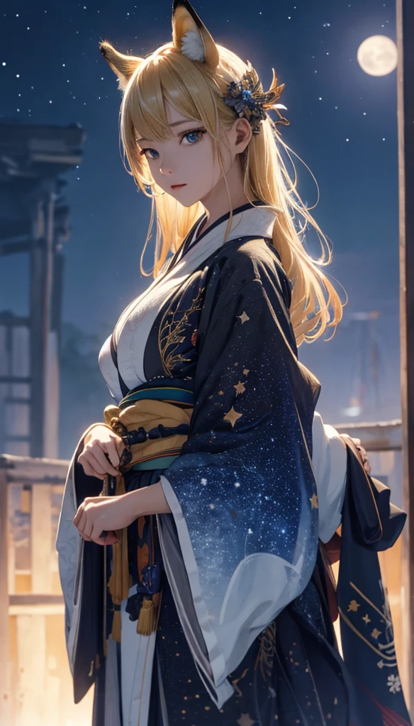 masterpiece, high quality, 4K, Beautiful design, silhouette,blonde, 非常に詳細な夜のStarry Sky,Unmanned stations,Unmanned Platform,, wonderful, Finer details, Very knowledgeable woman, Highly detailed solo, 1 female,Beautiful Eyes,Fox mask template,I like rumors,Big Breasts,kimono,Night view,Starry Sky,full moon,