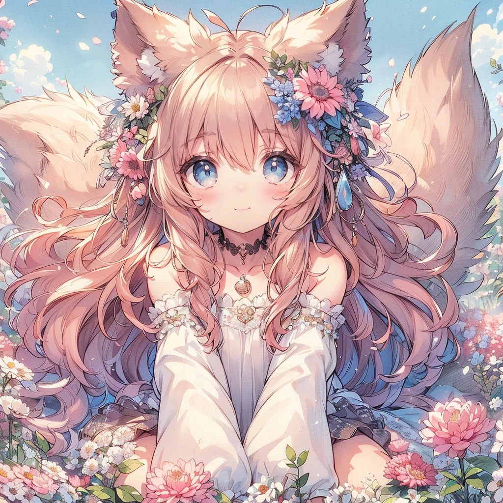 (Exquisite, beautiful, Very detailed, masterpiece, High resolution,high quality,High resolution),(Well-formed face,Soft and thin lines: 1.2, beautiful, Delicate and vivid illustrations with a mature and clear feel), ,A beautiful, gentle and quiet girl with fluffy fox ears, a fluffy tail, cat-like animal eyes, a small mouth, nose and sharp fangs is sitting surrounded by flowers in a flower field under a clear blue sky and smiling shyly.,She is wearing a low-cut dress covered in lace, frills and ribbons, and knee-high socks decorated with lace.,(A cute girl with a good figure, with light brown wavy bob hair, fair skin, short eyebrows, pale pink cheeks, a very small nose, a mouth with small pointed fangs, plump pink lips, beautiful animal-like eyes, and a fairly large, fluffy bust.),Vibrant and eye-catching colors,Colored pencil art