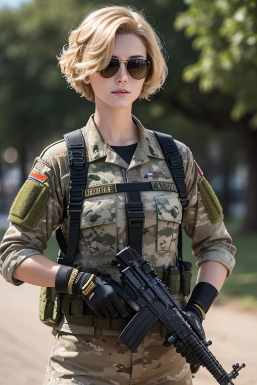 soldier fortune,beautiful young European woman, short curly golden hair,Short haircut,the jingle,sunlight,style sunglasses,camouflage uniform,automatic ruffle M-16,realistic,real photorealistic,