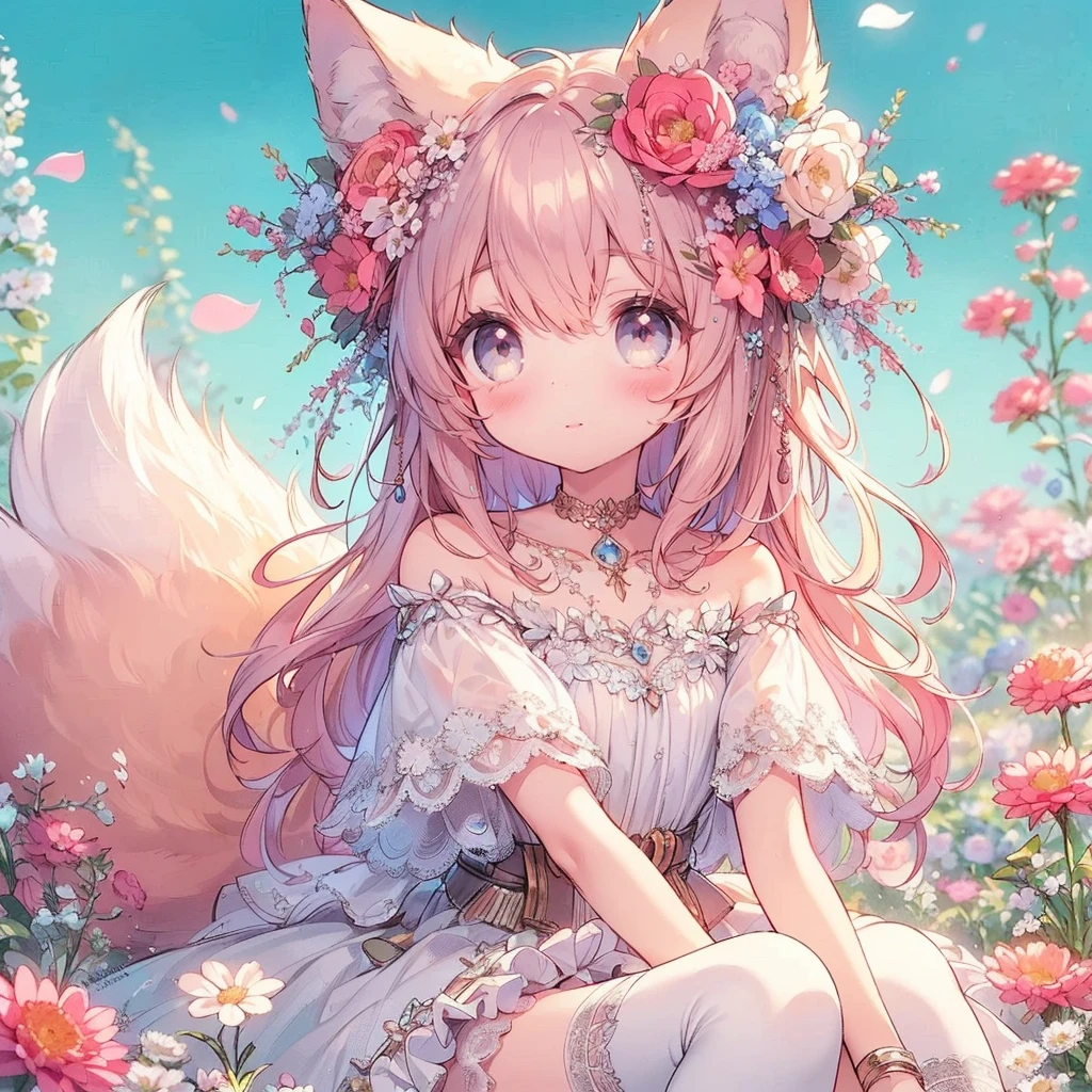 (Exquisite, beautiful, Very detailed, masterpiece, High resolution,high quality,High resolution),(Well-formed face,Soft and thin lines: 1.2, beautiful, Delicate and vivid illustrations with a mature and clear feel),  ,A beautiful, gentle and quiet girl with fluffy fox ears, a fluffy tail, cat-like animal eyes, a small mouth, nose and sharp fangs is sitting surrounded by flowers in a flower field under a clear blue sky and smiling shyly.,She is wearing a low-cut dress covered in lace, frills and ribbons, and knee-high socks decorated with lace.,(A cute girl with a good figure, with light brown wavy bob hair, fair skin, short eyebrows, pale pink cheeks, a very small nose, a mouth with small pointed fangs, plump pink lips, beautiful animal-like eyes, and a fairly large, fluffy bust.),Vibrant and eye-catching colors,Colored pencil art