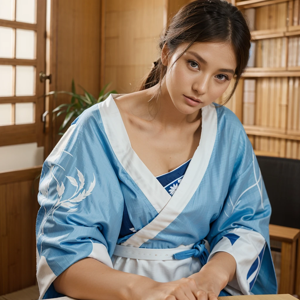 Female supermodel French. Blue Haori, White Kimono. Bamboo. Study room. Close-up.