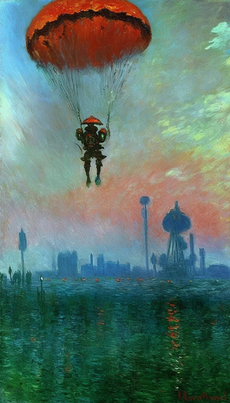 (impressionism by monet:1.35), oil painting, dark theme, Absurd resolution, high resolution, (masterpiece: 1.4), hyper-detail, a mech, red armor with red wings, floating flight in the sky (1.8) background is wild, fire