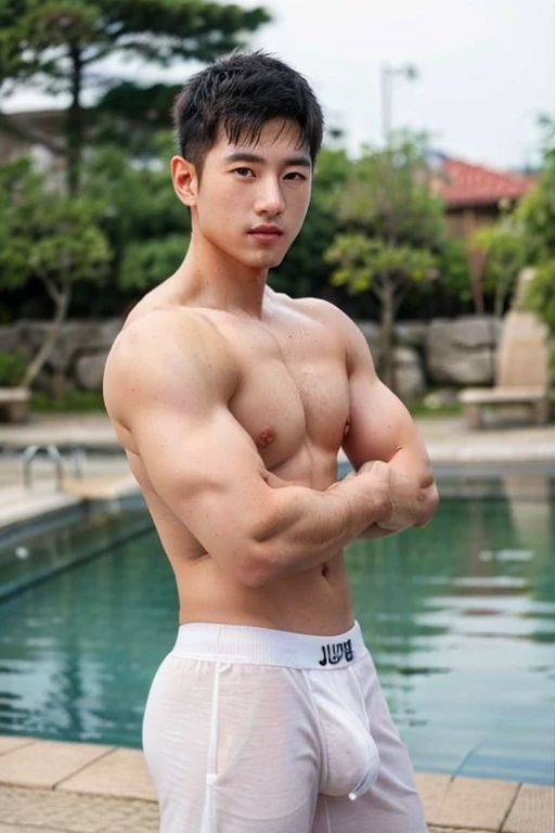 Asian guy, muscular, white boxer with big bulge, no beard face, not a boy, short hair, neat hair, handsome man, full body shot, body covered semen, sexy hunk, wet boxer with big bulge, masculine guy