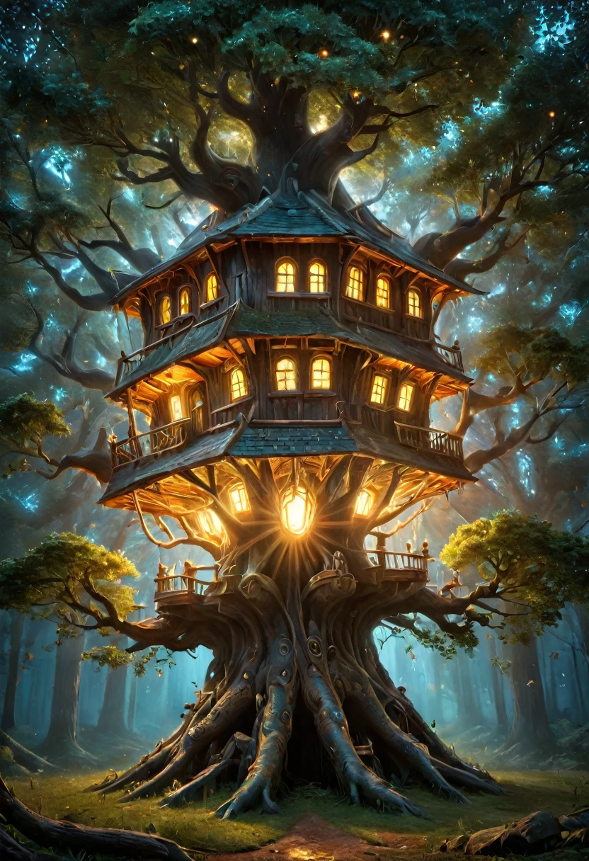 a strange and ecstatic treehouse filled with light and modeled on the tree, como se fizesse parte dela. Cores vibrantes, detalhes perfeitos e realistas.
