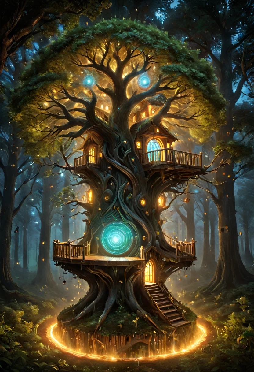 a strange and ecstatic treehouse filled with light and modeled on the tree, como se fizesse parte dela. Cores vibrantes, detalhes perfeitos e realistas.
