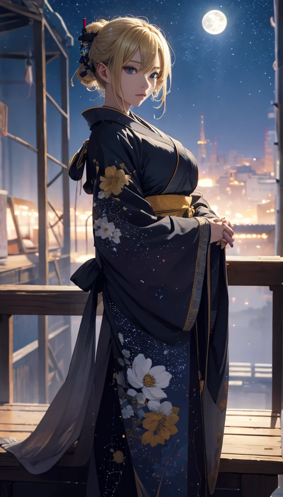 masterpiece, high quality, 4K, Beautiful design, silhouette,blonde, 非常に詳細な夜のStarry Sky,Unmanned stations,Unmanned Platform,, wonderful, Finer details, Very knowledgeable woman, Highly detailed solo, 1 female,Beautiful Eyes,I like rumors,Big Breasts,kimono,Night view,Starry Sky,full moon,