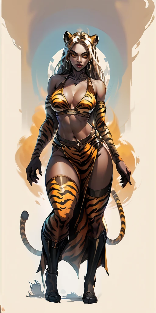 full body looking to viewer standing straight symmetrical against contrapposto yellow tiger print bikini stockings sleeves print, hands on waist hips, navel