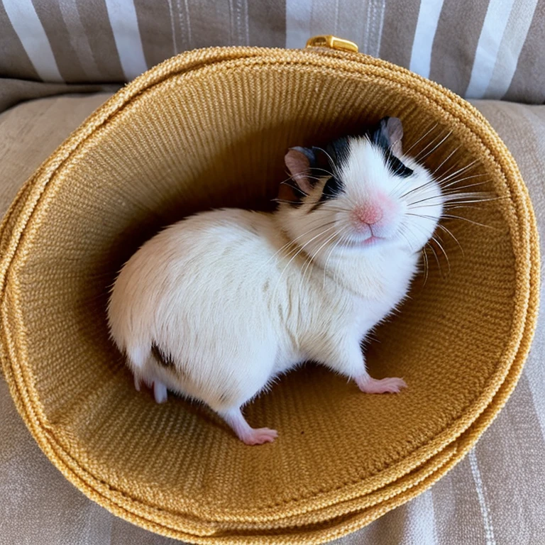 Dwarf Campbell Hamster taking a nap in a small bed。