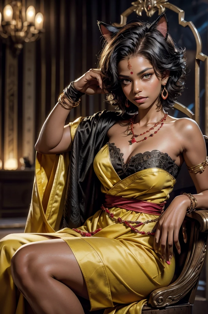 dynamic pose, heart shaped face, elegant face, beautiful face, highly detailed face, highly detailed skin, skin pores, subsurface scattering, realistic pupils, looking at viewer, full lips, detailed background, depth of field, atmospheric perspective, highres,absurdres ,best quality,original,extremely detailed CG,extremely detailed wallpaper,perfect lighting,looking at viewer,bare hands,1girl, SiennaKhan,short hair,black hair,animal ears,yellow eyes,cat ears,dark skin,dark-skinned female,gloves,jewelry,earrings,cape,facial mark,cleavage cutout,hoop earrings, indoors, throneroom, sitting on ornate throne, (large high-back throne) night, stars,  audience, crowd, looking at viewer,