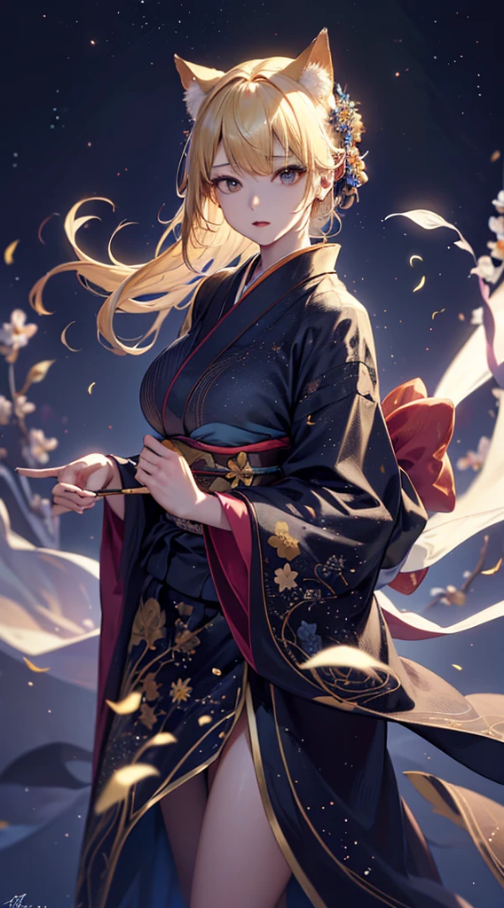masterpiece, high quality, 4K, Beautiful design, silhouette，blonde， 非常に詳細な夜のStarry Sky,Flower Field， wonderful, Finer details,  Very knowledgeable woman, Highly detailed solo, 1 female,Cat ear，Big Breasts，kimono，Night view，Starry Sky，full moon，