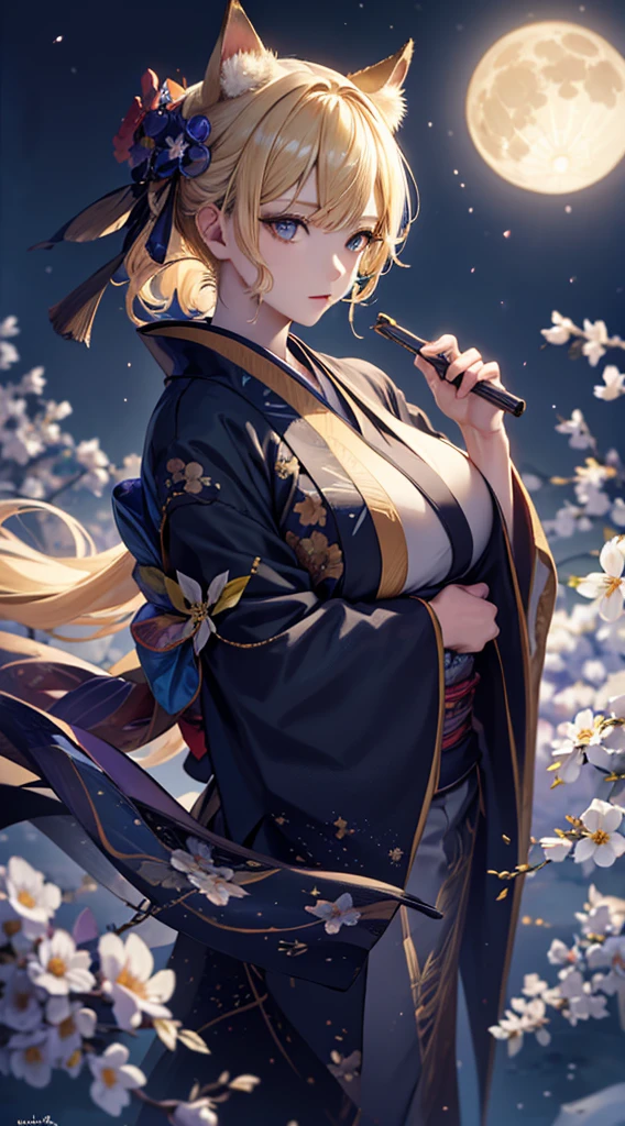 masterpiece, high quality, 4K, Beautiful design, silhouette，blonde， 非常に詳細な夜のStarry Sky,Flower Field， wonderful, Finer details,  Very knowledgeable woman, Highly detailed solo, 1 female,Cat ear，Big Breasts，kimono，Night view，Starry Sky，full moon，