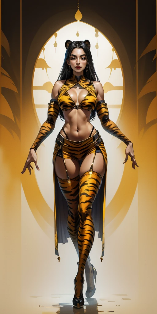 full body looking to viewer standing straight symmetrical against contrapposto yellow tiger print bikini stockings sleeves print, hands on waist hips, navel