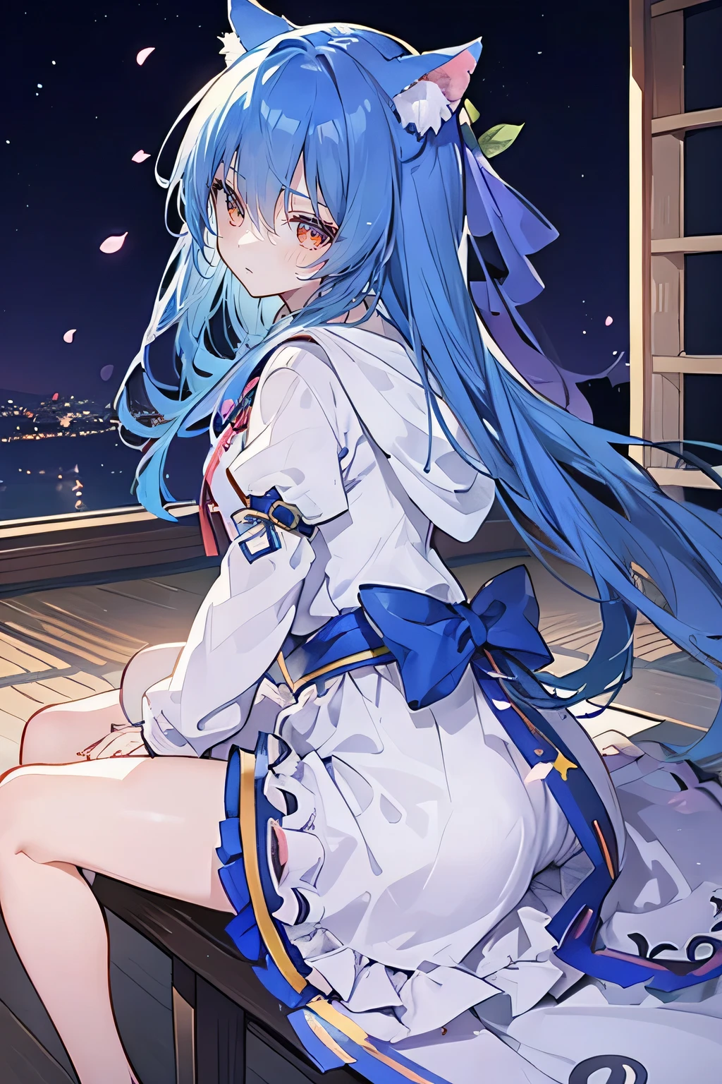 (masterpiece:1.2),Super detailed,lifelike,Expressive eyes,fair skin,perfect face shape,1 girl,
Japanese comics,Gorgeous blue hair,flowing blue hair,flowing clothes,Cat ears,Petals fall,beautiful lola,Baby Angel,
Cross your legs,Gentle and peaceful background,The pavilion is cool and comfortable, wearing hoodie, background of tokyo,back views,snowing, winter.