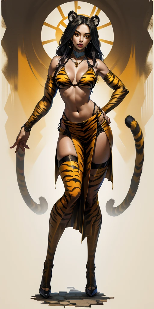 full body looking to viewer standing straight symmetrical against contrapposto yellow tiger print bikini stockings sleeves print, hands on waist hips, navel