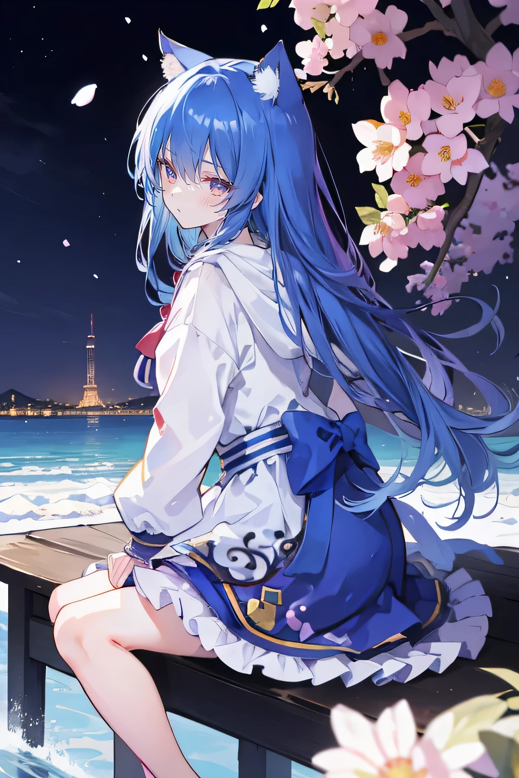 （masterpiece：1.2），Super detailed，lifelike，Expressive eyes，fair skin，perfect face shape，1 girl，
Japanese comics,Gorgeous blue hair,flowing blue hair,flowing clothes,Cat ears,Petals fall,beautiful lola,Baby Angel,
Cross your legs，Gentle and peaceful background，The pavilion is cool and comfortable, wearing hoodie, background of tokyo,back views,snowing, winter.