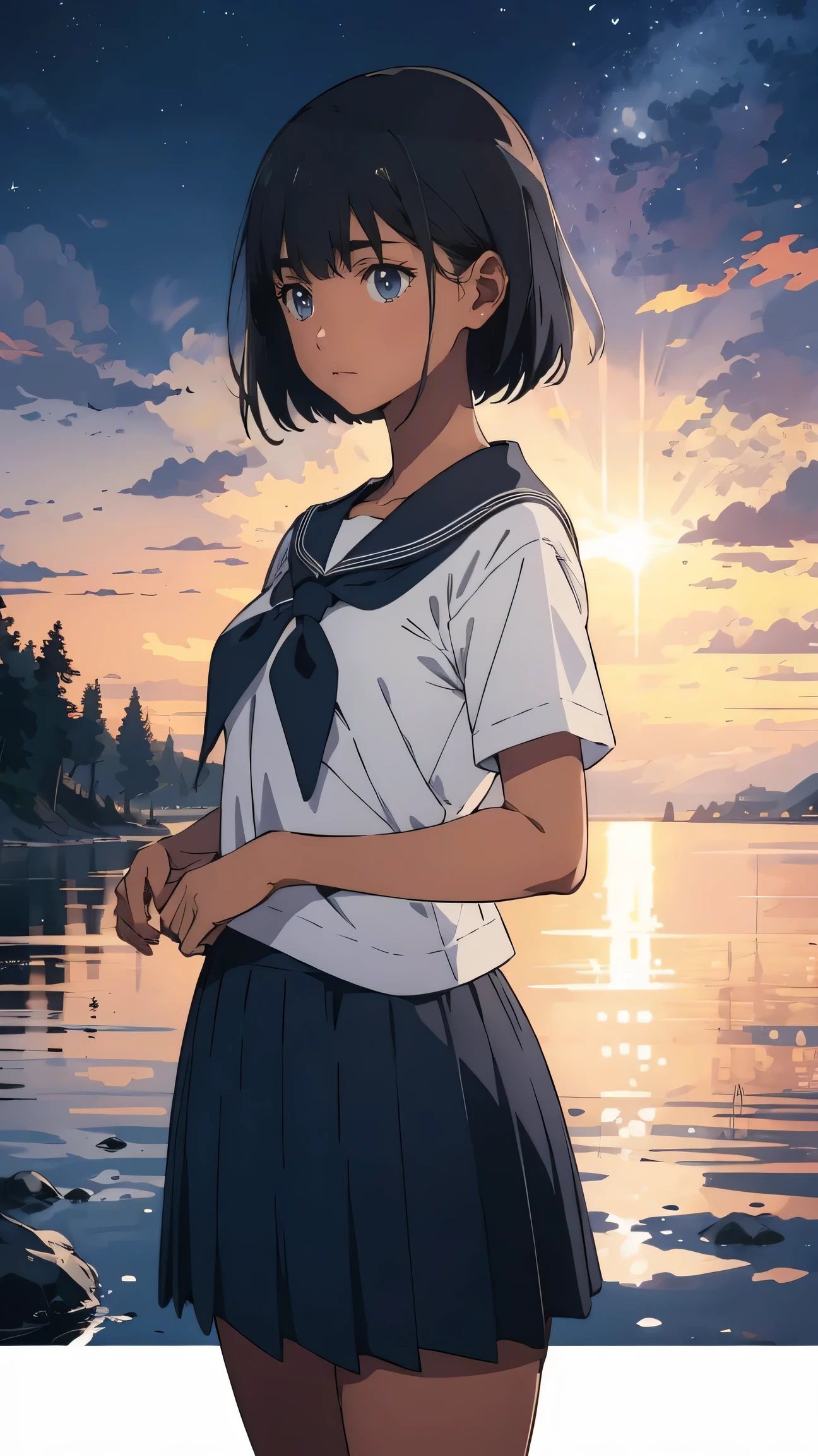 {{kofune mio}}, {summertime render}, blue eyes, black short hair, Calm expression,A faint blush, medium breasts, dark skin, dark-skinned female, white serafuku, short sleeves, black neckerchief, white sailor collar black pleated skirt,1girl, solo,very aesthetic, best quality, amazing quality, ,curated, illustration, highly detailed, anime coloring,Night sea background
BREAK
Golden Hour, (Rim Light):1.2, Warm tones, Solar flare, Soft Shadows, Vibrant colors, Painterly effect, Dream-like atmosphere
BREAK
Beautiful sea, Calm water, reflection, Clouds illuminated by the moon, Peaceful atmosphere, Beautiful starry sky, Super detailed, Official Art, unity 8k wallpaper , Tangled, Mandala,(nsfw:1.3)