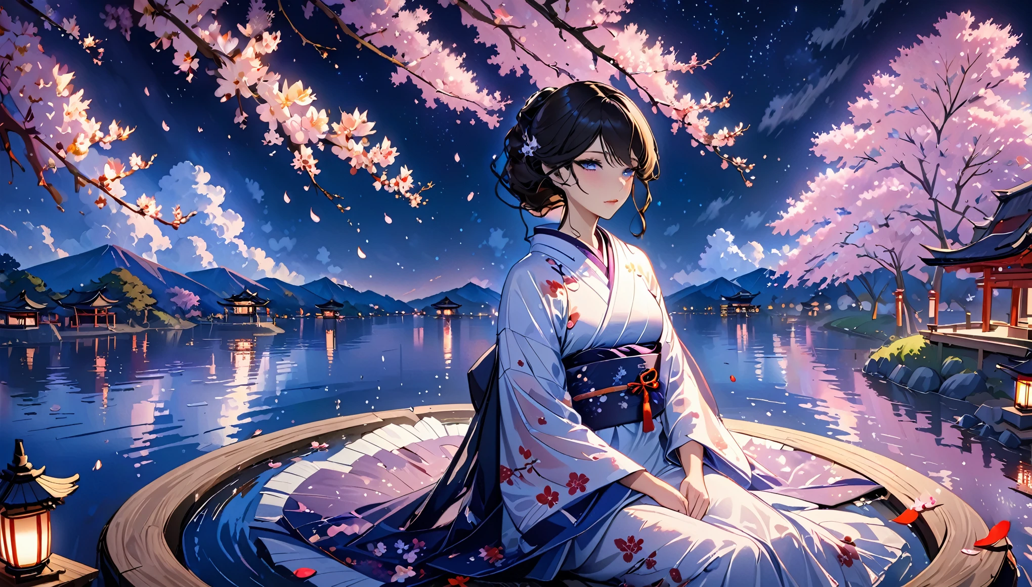 Beautiful woman，８Head and Body，Japanese Clothing，night，月night，Clouds purple and blue，Sunny starry sky，Wet Skin，sexy，Clothes stick to the skin，sorrow，Charm，Mature sex appeal，Sit on the water，Water splash on background，Water droplets fall，The kimono is transparent，Eye color is indigo，Look Away，The eyes are sparkling with detailed expressions.，Firefly Light，Floating lantern，Scattered lights in the background，Japanese shrine in the background，night桜，Cherry blossom petals floating on the water，White lotus flower floating on the water，flower lantern