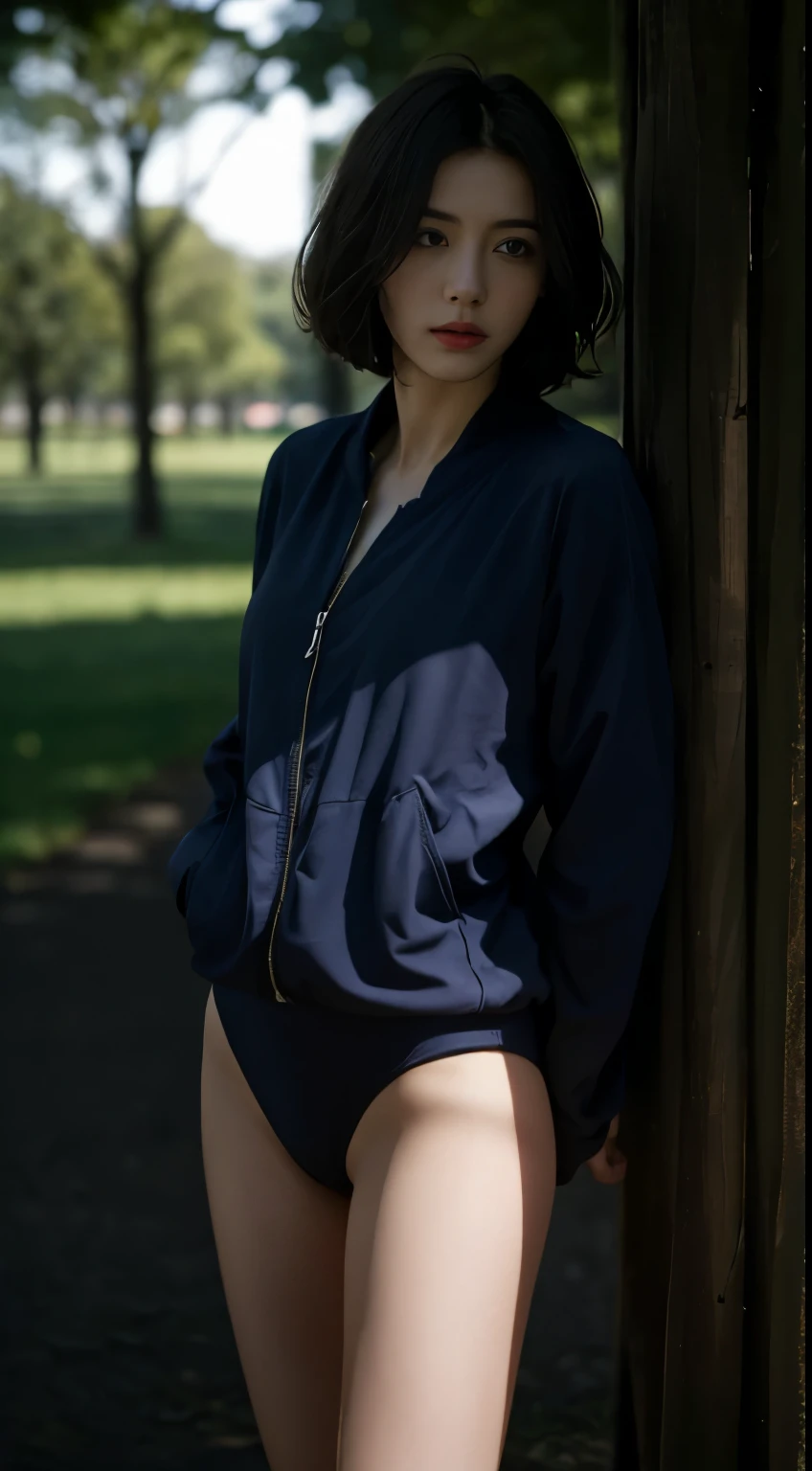 Best quality, masterpiece, ultra high res, (photorealistic:1.5), raw photo, 1girl, in the park, deep shadow, low key, cold light, sexy look, short hair, swimsuit