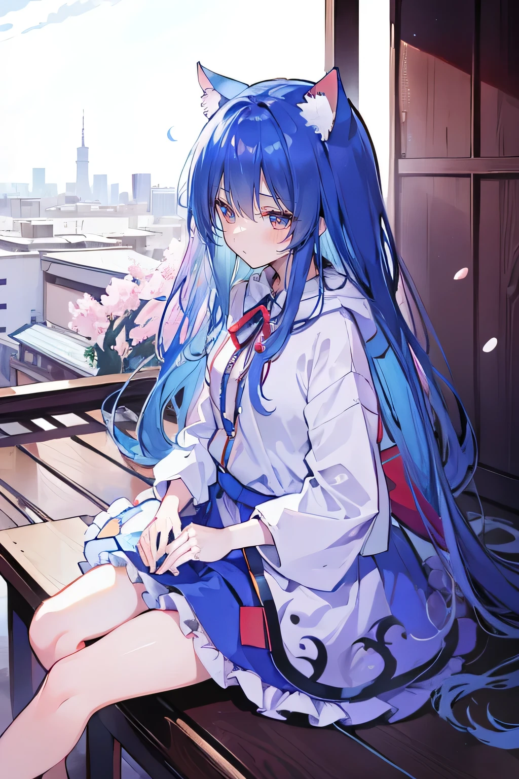 （masterpiece：1.2），Super detailed，lifelike，Expressive eyes，fair skin，perfect face shape，1 girl，
Japanese comics,Gorgeous blue hair,flowing blue hair,flowing clothes,Cat ears,Petals fall,beautiful lola,Baby Angel,
Cross your legs，Gentle and peaceful background，The pavilion is cool and comfortable, wearing hoodie, background of tokyo,back views,snowing, winter.