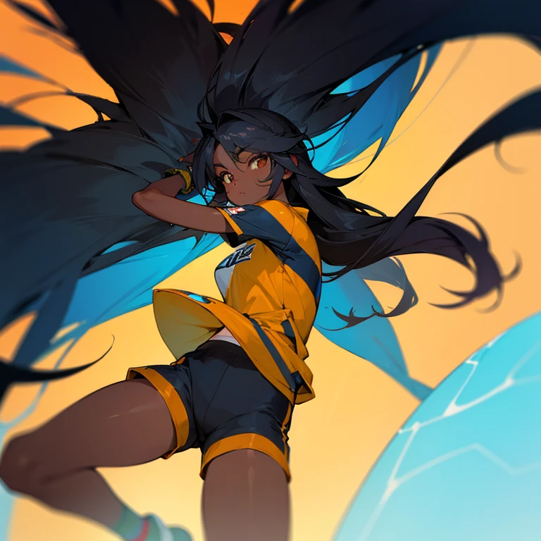 Dark skin long hair wear shorts sport