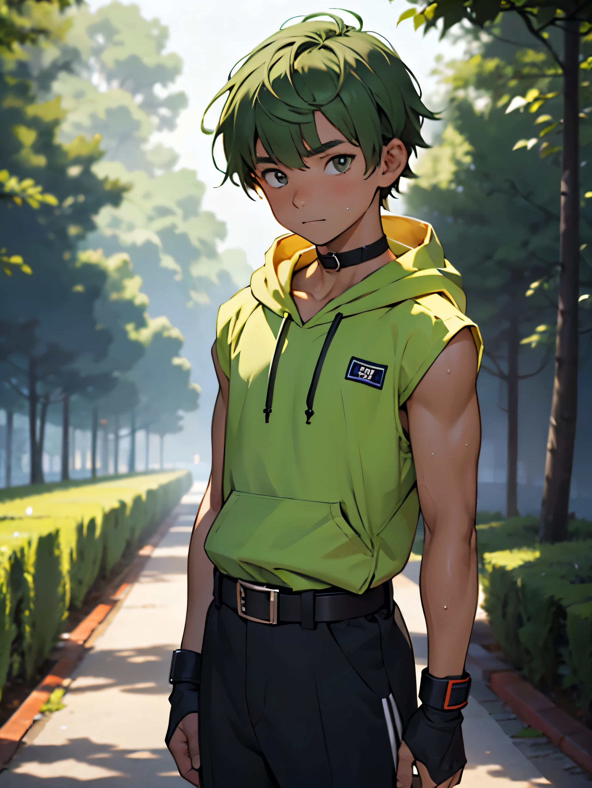 Highres, Masterpiece, Best quality at best,Best Quality,hight quality, hight detailed, 1boy, Boy, green hair, Side bangs, Shota, Belt, Glove, elbow cover, Sleeveless hoodie, choker, 4k, Seen from the front, Little sweat, forest, e boy, (very small and short stature), (very young boy), 12-ar-boys,urry and simple beckground, bokeh, Uhd
