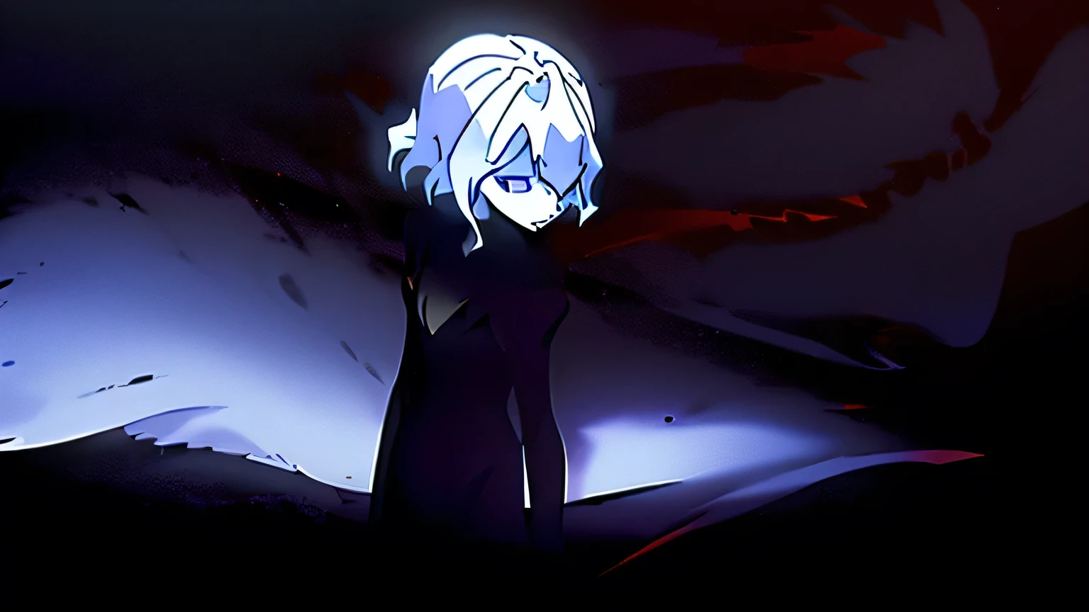 ((alone, Black background, Black and White, dark, Shadow)), girl standing in darkness, black eye, ((White skin, Black Dress, Small breasts, Cleavage, Expressionless)), 