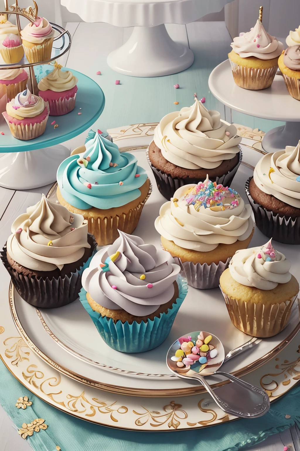 This is a sweet and delectable image with creamy frosting, shimmering sprinkles, and interesting details. Generate a cluster of adorable and ornately decorated cupcakes on a Versailles plate. This artwork has a lot of visual interest and makes me want to eat the cupcakes and sweets. cupcakes, ((masterpiece)), sweets, frosting, sprinkles