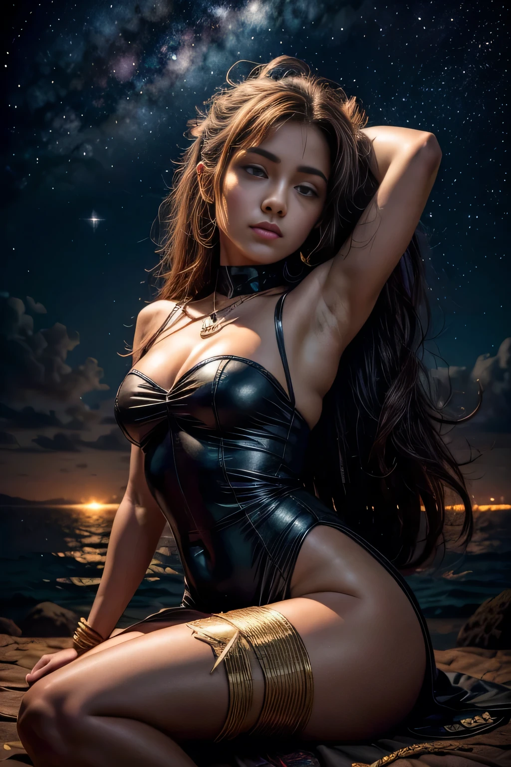 Obra de arte, melhor qualidade, perfil lateral de uma garota extremamente delicada e linda de pele escura, usando um vestido ombro a ombro, descansando no parapeito de uma janela, nightcore, world Obra de arte theater, ultra-detalhado, altamente detalhado, high resolution, extremamente detalhado,1 com pele escura ,illustration, looking at the night sky, lindo interior e exterior, impasto, tela, oil painting, realista, storybook style art, Atmosfera acolhedora