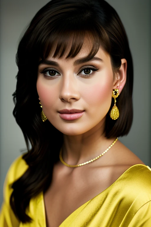 Realistic photo of a beautiful 4udr3yh-v2 woman, 1girl, solo, looking at viewer, short hair, brown hair, brown eyes, jewelry, closed mouth, earrings, lips, makeup, portrait, yellow shirt, realistic, soft lighting, professional Photography, Photorealistic, detailed, RAW, analog, sharp focus, 8k, HD, DSLR, high quality, Fujifilm XT3, film grain, award winning, masterpiece