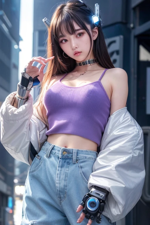 cyber punkの女の子、デジタルcyber punkアート、(デジタルcyber punkアート)、Ultra high definition、masterpiece、correct、Anatomically correct、Textured skin、Very detailed、High detail、high quality、最high quality、High resolution、8k、Surrealism、Raw photo、whole body、Beautiful Teenage Woman、One Japanese woman、Big beautiful eyeedium chest、Brown hair semi-long hair、Off the shoulder、(((cyber punk)))、(((robot)))、(((metallic)))、Blue cropped denim jacket、White tube knit top、White wide cargo pants with pockets