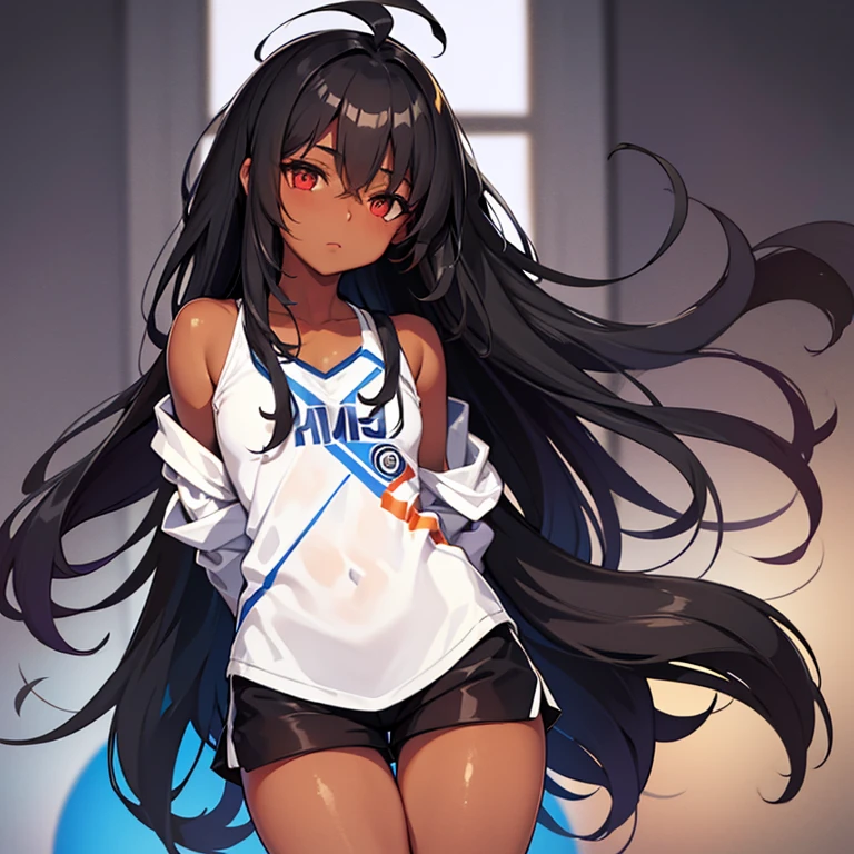 Dark skin long hair wear shorts sport 