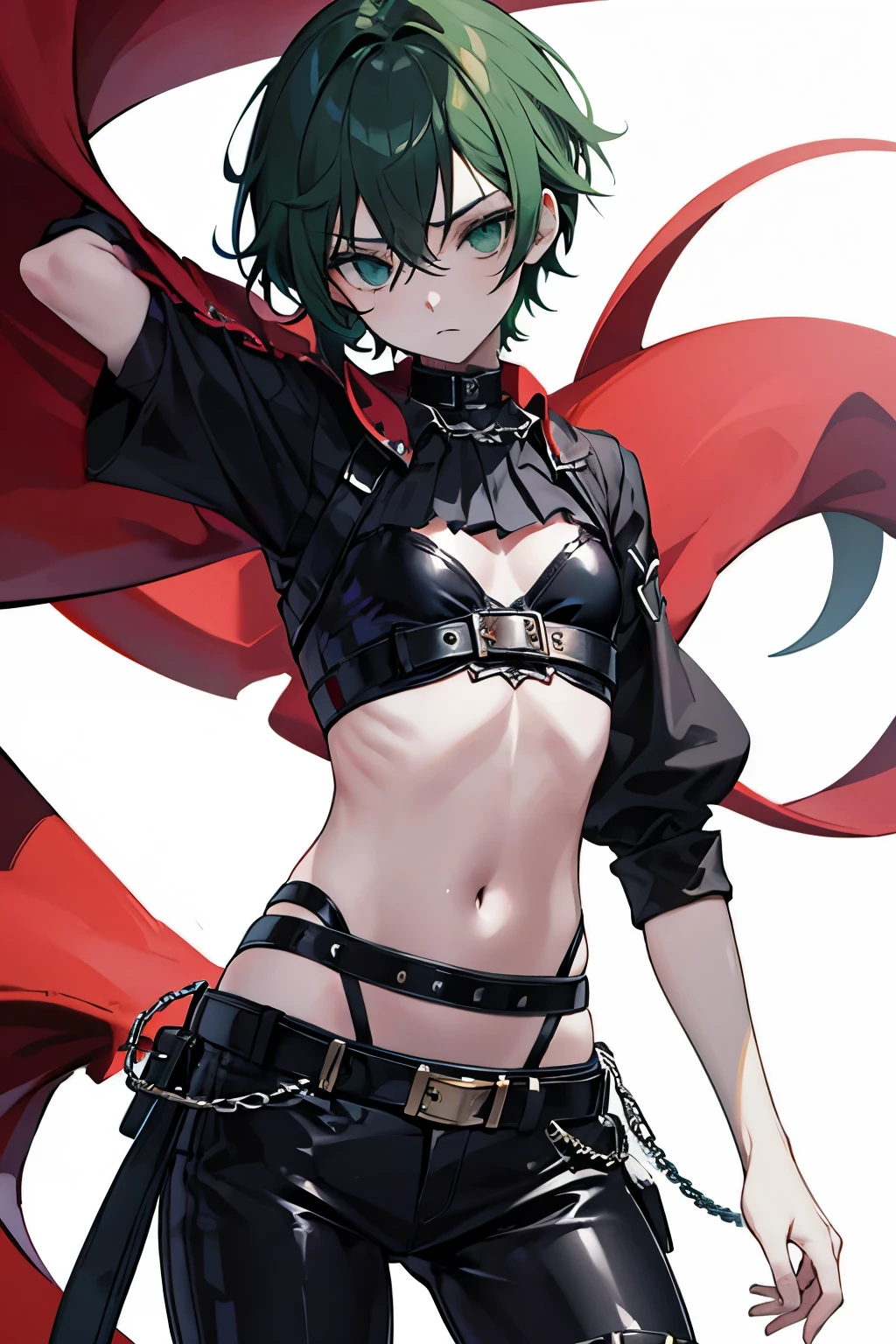 Gothic With ruffles Green Eyes Androgynous appearance Belt on torso Poor appearance Black Costume