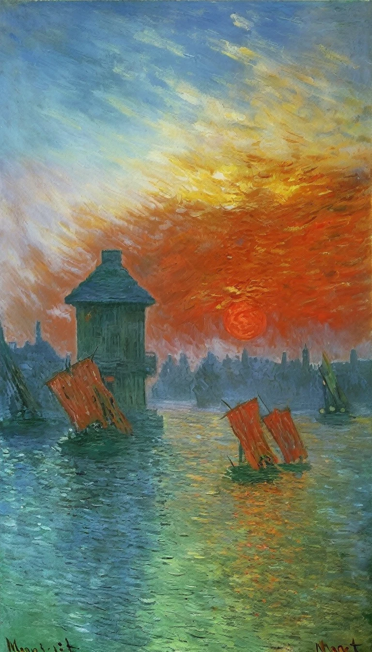 (impressionism by monet:1.35), oil painting, Absurd resolution, high resolution, (masterpiece: 1.4), hyper-detail, a mech, red armor with red wings, floating flight in the sky (1.8) background is wild, fire