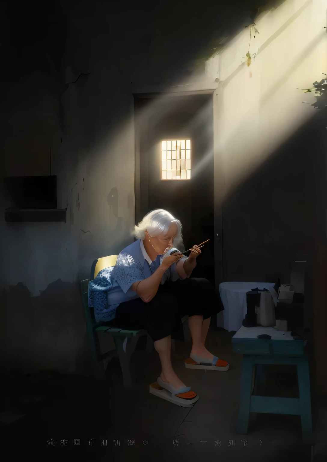 Caring for empty nesters, A old man,Full of silver hair, A beam of sunlight hit her,She eats alone with chopsticks,Sit on the bench.