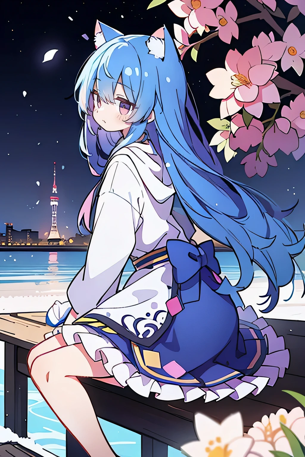 （masterpiece：1.2），Super detailed，lifelike，Expressive eyes，fair skin，perfect face shape，1 girl，
Japanese comics,Gorgeous blue hair,flowing blue hair,flowing clothes,Cat ears,Petals fall,beautiful lola,Baby Angel,
Cross your legs，Gentle and peaceful background，The pavilion is cool and comfortable, wearing hoodie, background of tokyo,back views,snowing, winter.