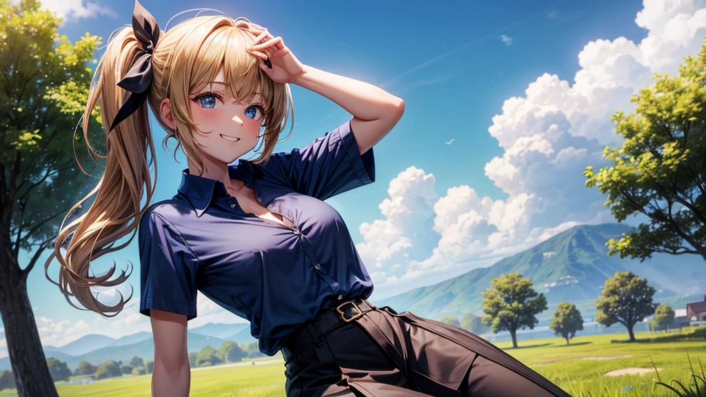 1girl, solo, summer, village, trees, sun, clouds, chestnut hair, side ponytail, large breasts, ((popping shirt buttons)), button down, unbuttoning buttons, dark blue eyes, ((dark blue shirt)), ((unbuttoned shirt)), ((short sleeved shirt)), cleavage 1:3, black skirt, brown shoes, grin, looking at the viewer, standing, hair ribbon, golden necklate