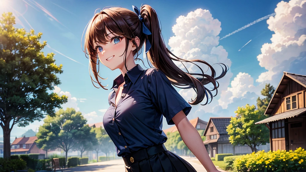 1girl, solo, summer, village, trees, sun, clouds, chestnut hair, side ponytail, large breasts, ((popping shirt buttons)), button down, unbuttoning buttons, dark blue eyes, ((dark blue shirt)), ((unbuttoned shirt)), ((short sleeved shirt)), cleavage 1:3, black skirt, brown shoes, grin, looking at the viewer, standing, hair ribbon, golden necklate