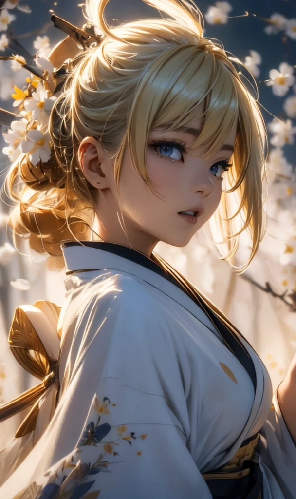 masterpiece, high quality, 4K, Beautiful design, silhouette,Blonde Mohawk,, 非常に詳細な夜のStarry Sky,Flower Field, wonderful, Finer details, Very knowledgeable woman, Highly detailed solo, 1 female,Beautiful Eyes,tears,Big Breasts,White kimono,Night view,Starry Sky,full moon,