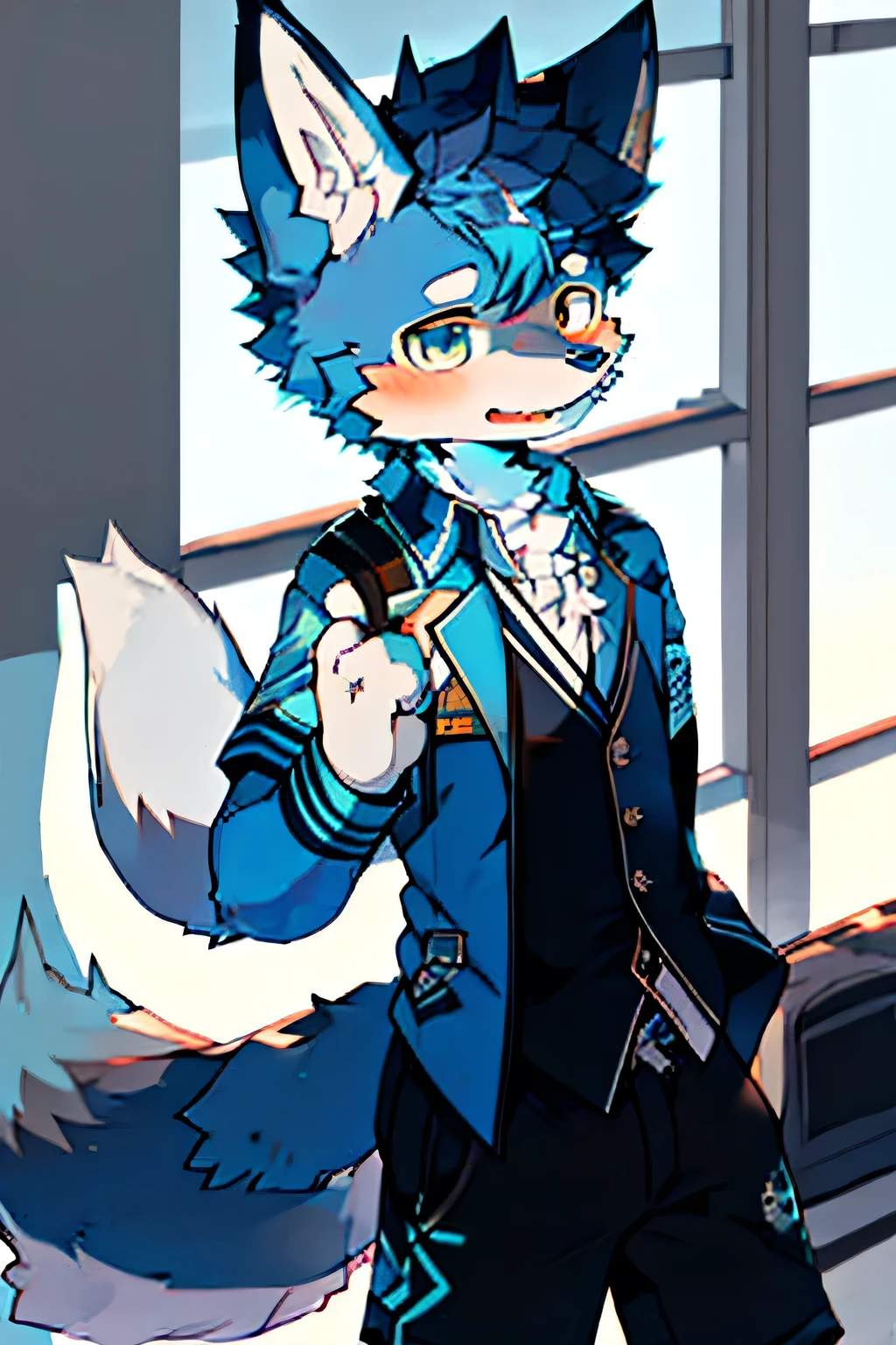 Blue fur, canine, fox motif, boy, uniform, school