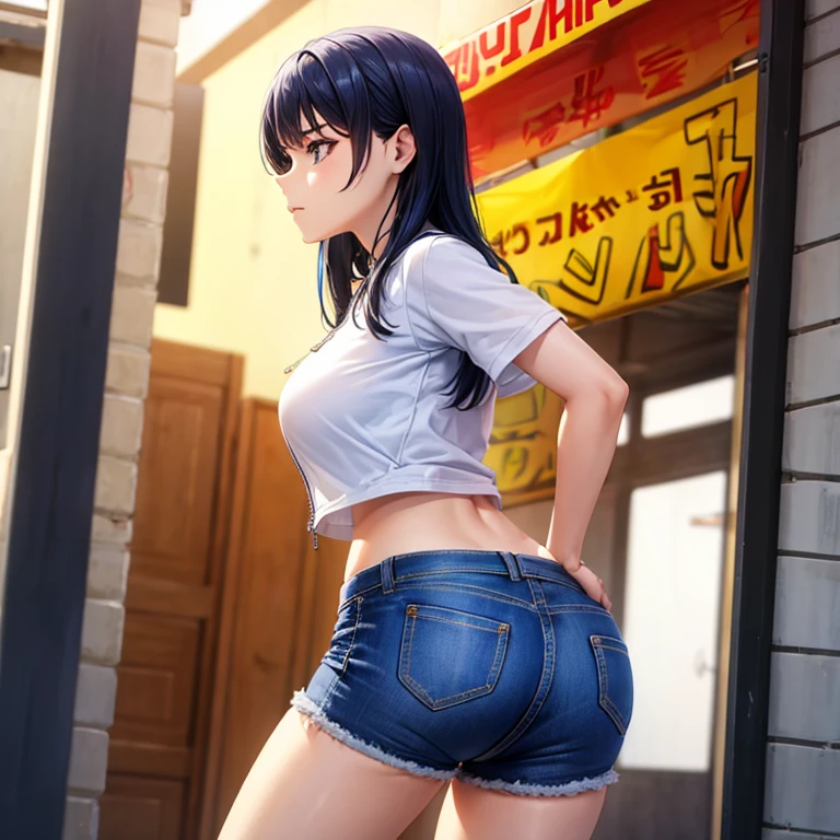 A woman wearing full-zip shorts eats a tlayuda at a taco stand　Jeans have a belt　Belly button piercing　　With side slits　Big Ass　　Upper body naked