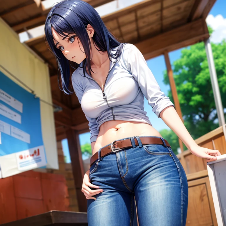 A woman wearing full-zip shorts eats a tlayuda at a taco stand　Jeans have a belt　Belly button piercing　　With side slits　Big Ass　　Upper body naked