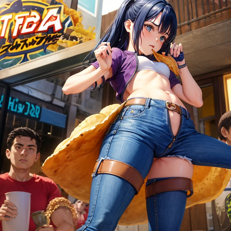A woman wearing full-zip shorts eats a tlayuda at a taco stand Jeans have a belt Belly button piercing With side slits Big Ass Upper body naked