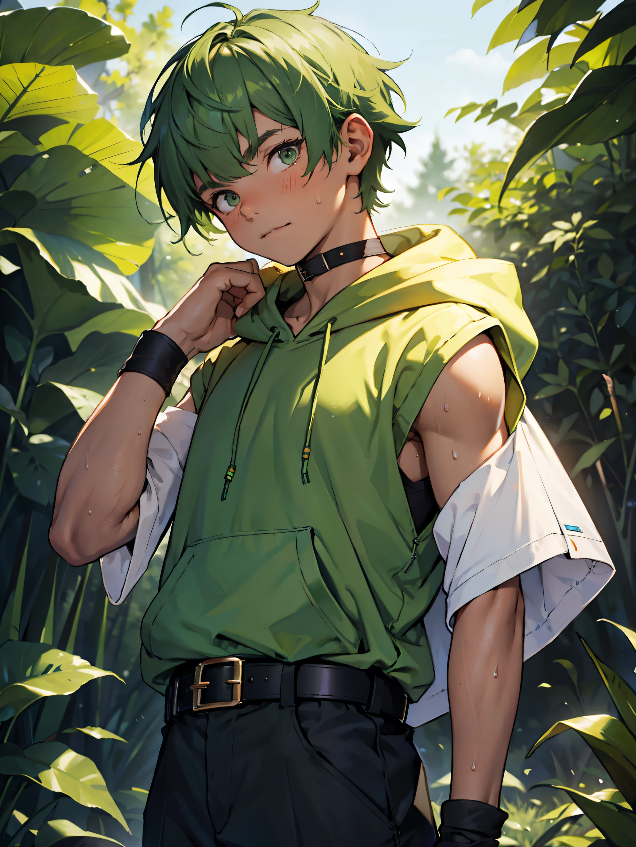 Highres, Masterpiece, Best quality at best,Best Quality,hight quality, hight detailed, 1boy, Boy, green hair, Side bangs, Shota, Belt, Glove, elbow cover, Sleeveless hoodie, choker, 4k, Seen from the front, Little sweat, forest, Cute boy, (very small and short stature), (very young boy), 12-year-old boys, Simple beckground, bokeh, Uhd